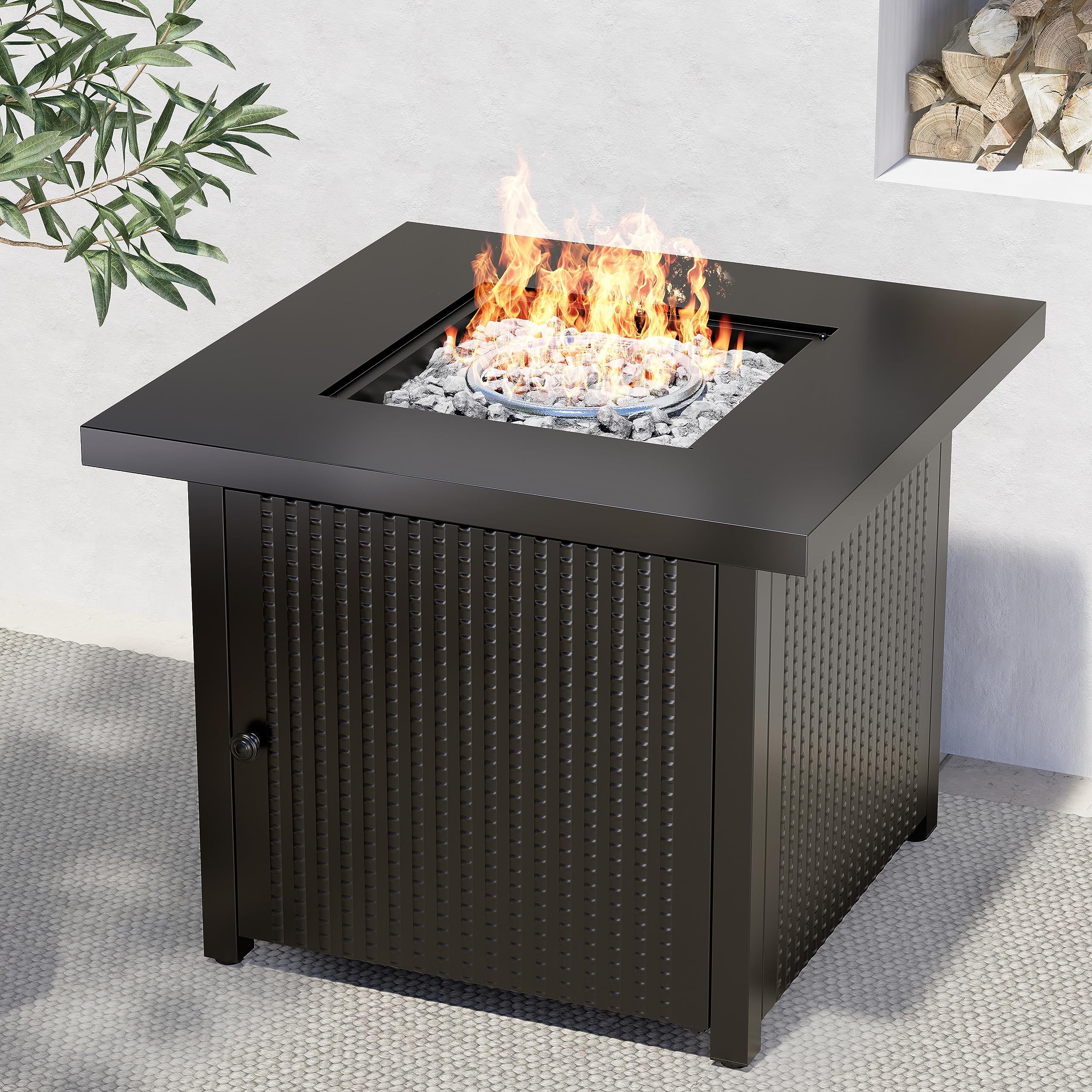 Outdoor Gas Fire Pit Table 30-Inch Square Propane Gas Fire Pit CSA Safety Approved 50000BTU with Steel Tabletop, Removable Lid, and Lava Rock