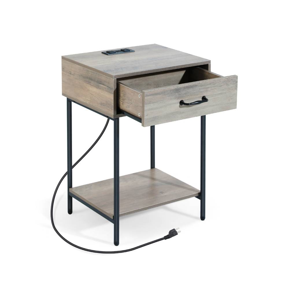 Evajoy BF002 Nightstand with Charging Station, Rustic Wooden Side Table
