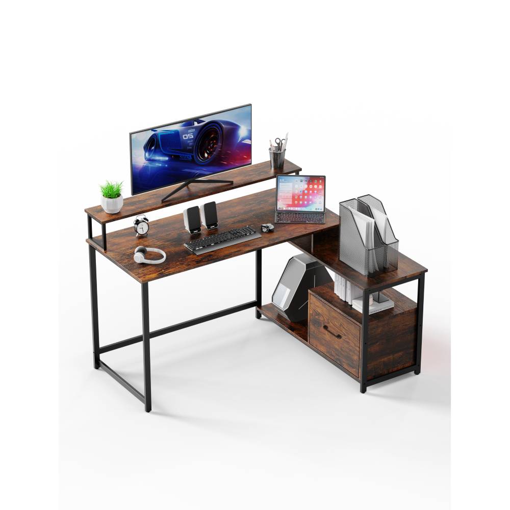 Evajoy HOF003 Home Office Computer Desk with File Drawer, LED Strip, Ergonomic L-Shaped Gaming Desk