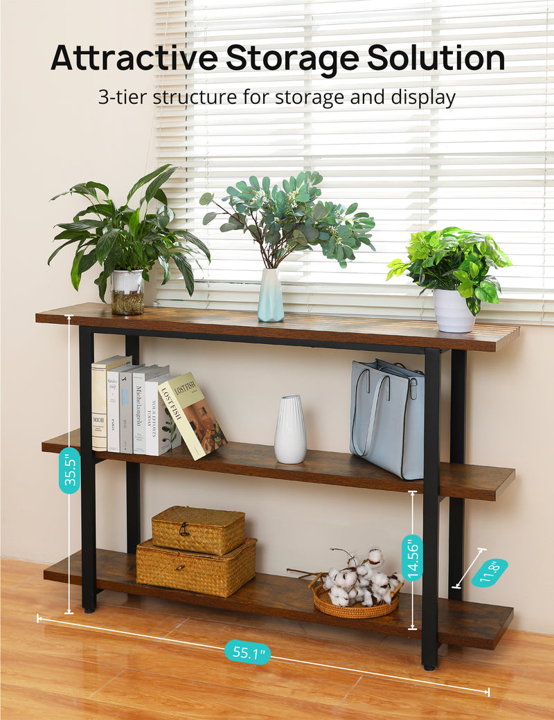 Evajoy Console Table, 55” Industrial Entryway Table with 3-Tier Storage Shelves