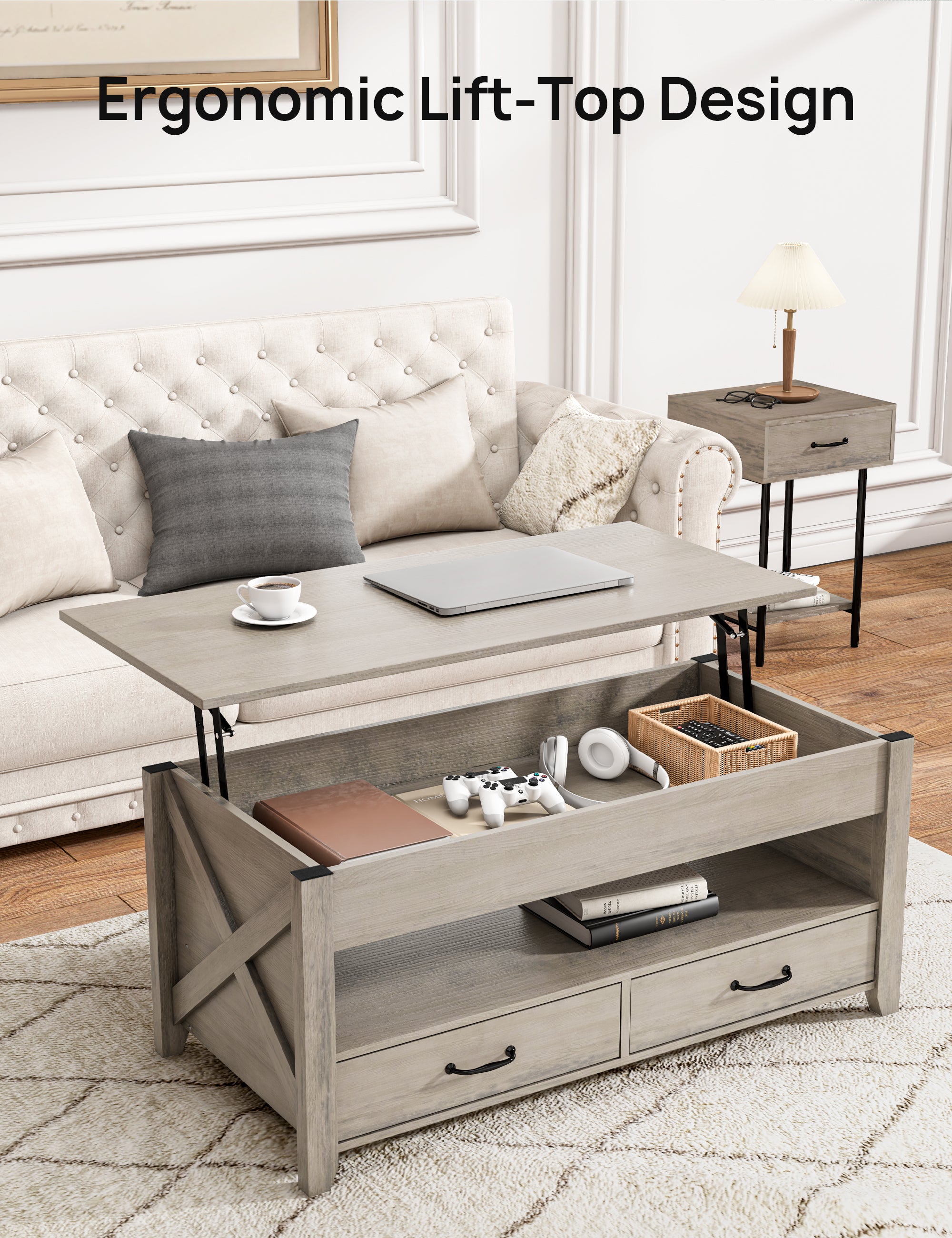 Evajoy LRF005 Lift Top Coffee Table, Modern Coffee Table with 2 Storage Drawers and Hidden Compartment