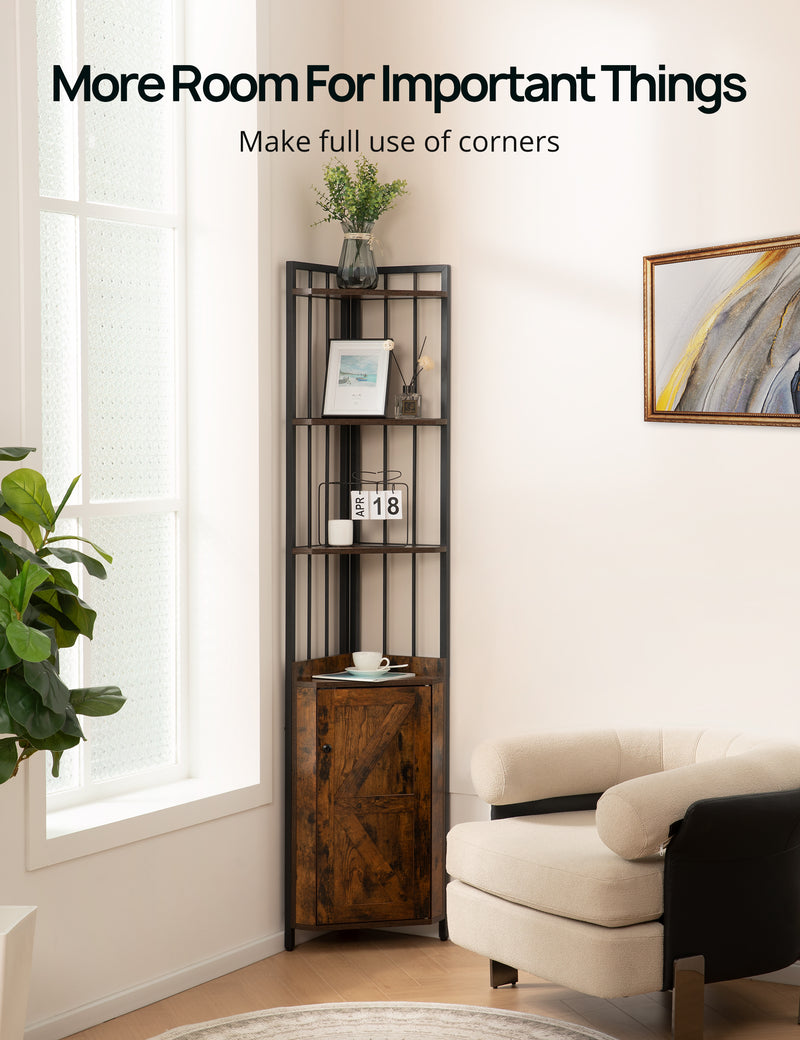 Evajoy Corner Shelf 5-Tier with Storage, 71'' Industrial Rustic Tall Corner Bookshelf Stand