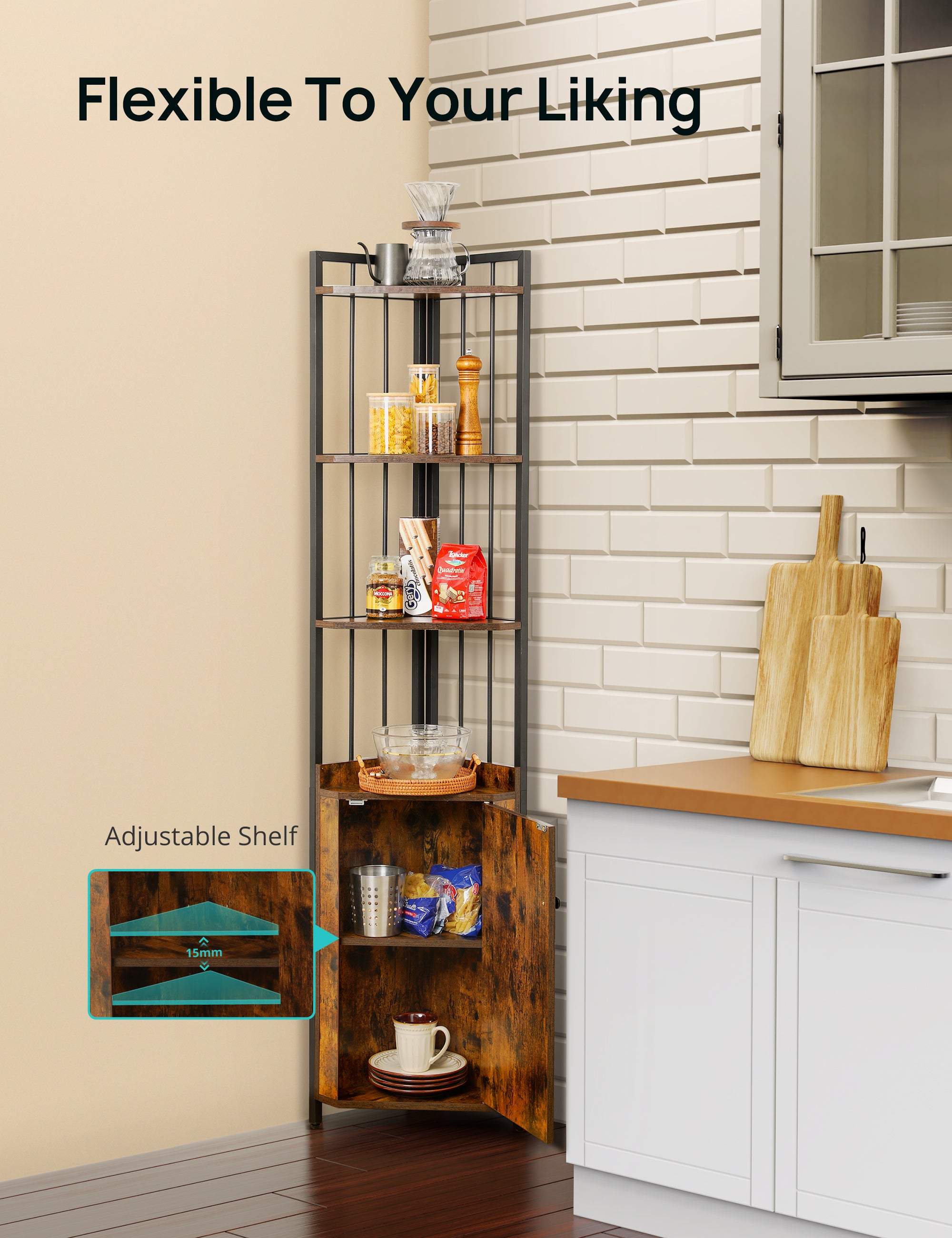 Evajoy LRF007 Corner Shelf 5-Tier with Storage, 71'' Industrial Rustic Tall Corner Bookshelf Stand