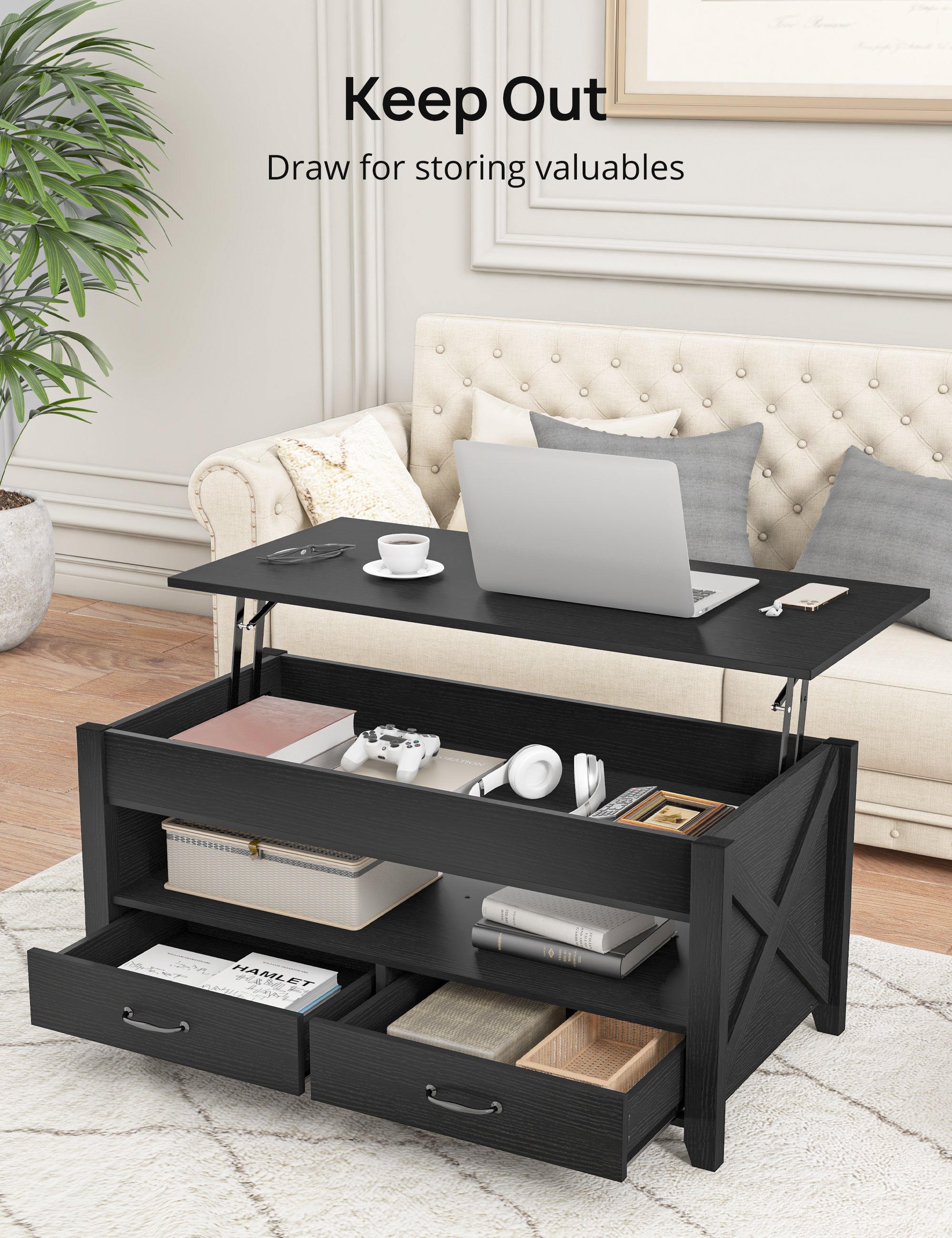 Evajoy LRF005 Lift Top Coffee Table, Modern Coffee Table with 2 Storage Drawers and Hidden Compartment
