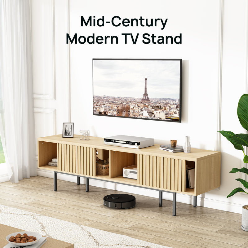 Evajoy TV Stand, Wood Entertainment Center with Storage Shelves Cabinet, 70'' Mid Century Modern Television Stand for up to 75'', TV Console Table for Bedroom, Living Room