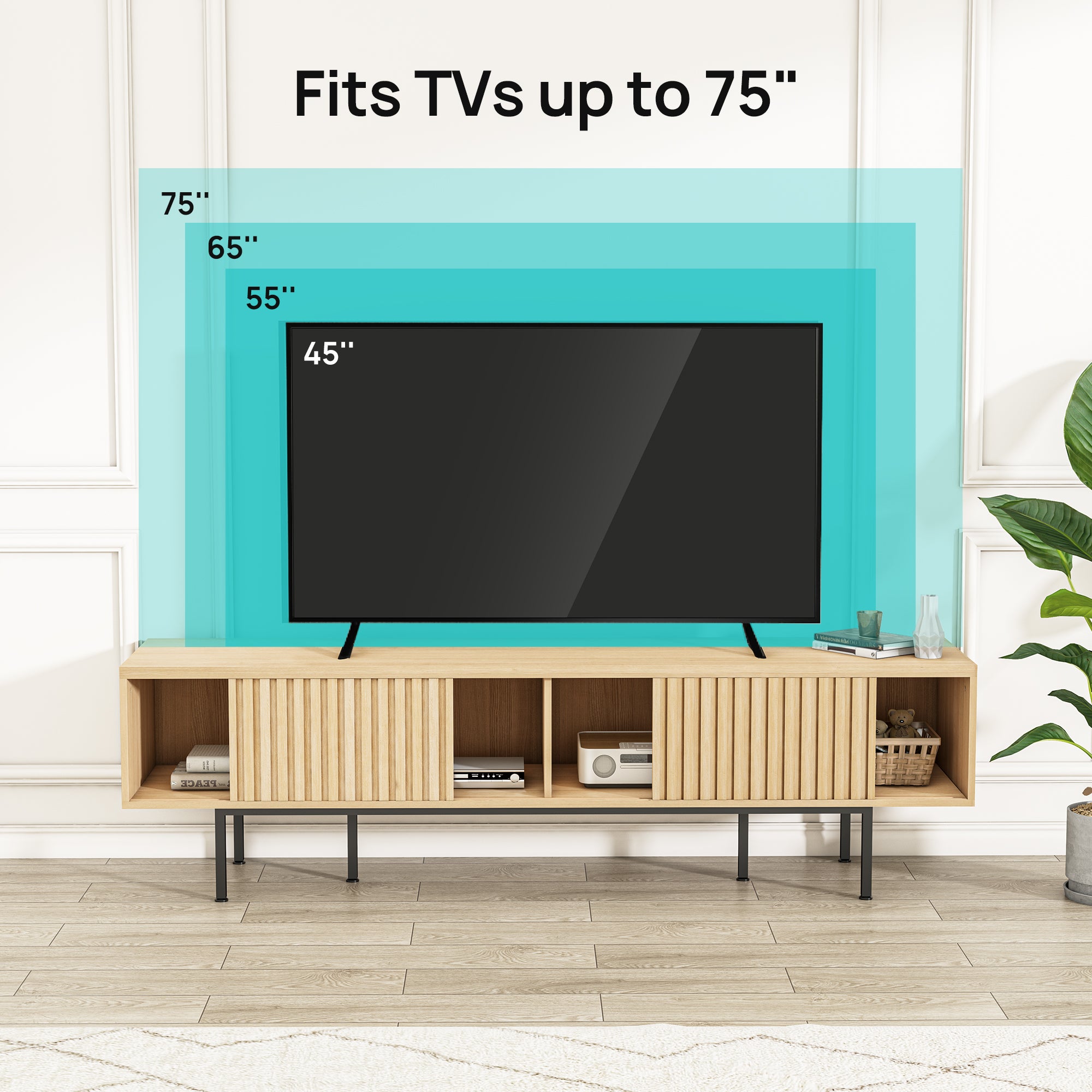 Evajoy LRF009 TV Stand, Wood Entertainment Center with Storage Shelves Cabinet, 70'' Mid Century Modern Television Stand