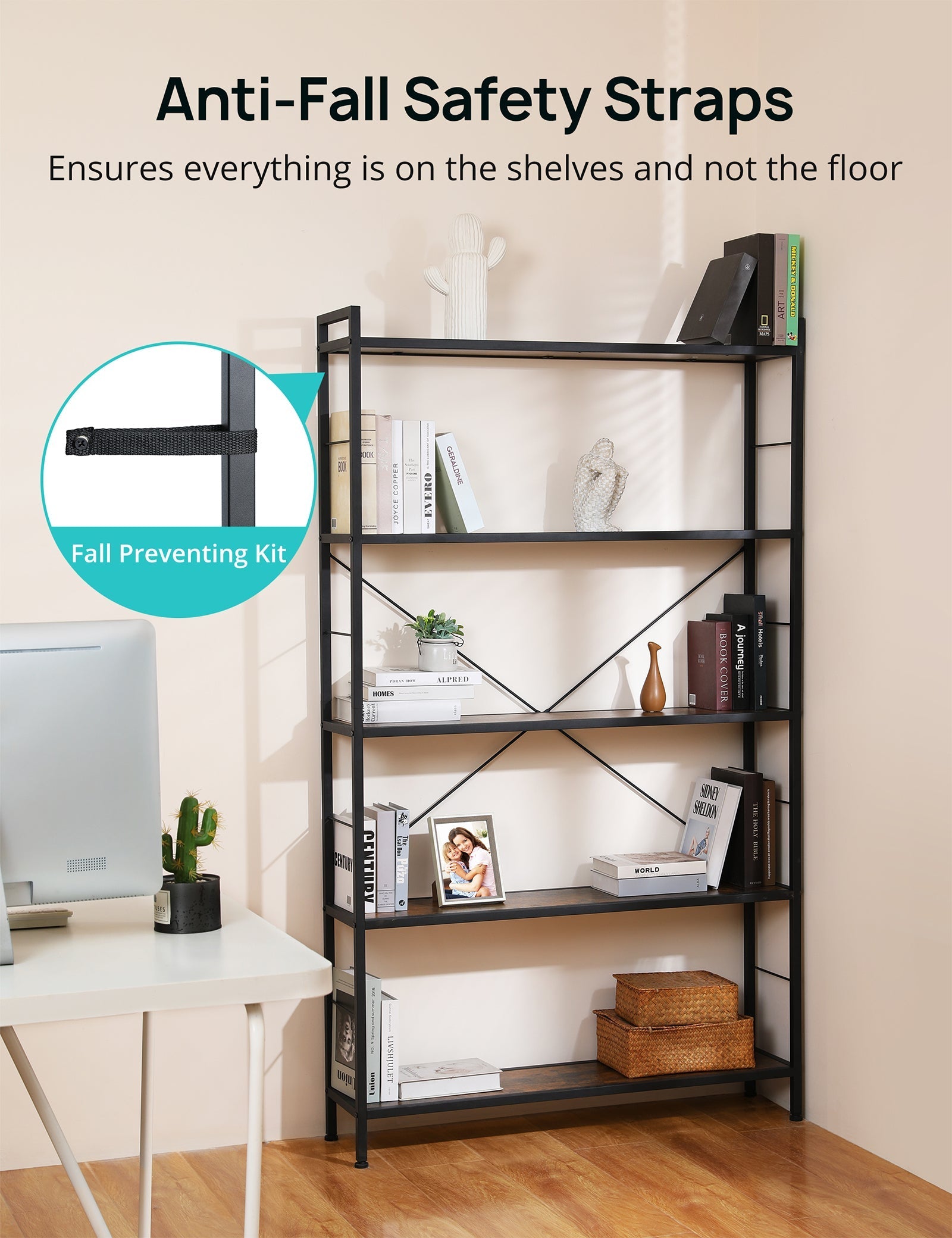 Evajoy HOF001 5-Shelf Bookcase, Modern Freestanding Bookshelf for Storage and Display 2024