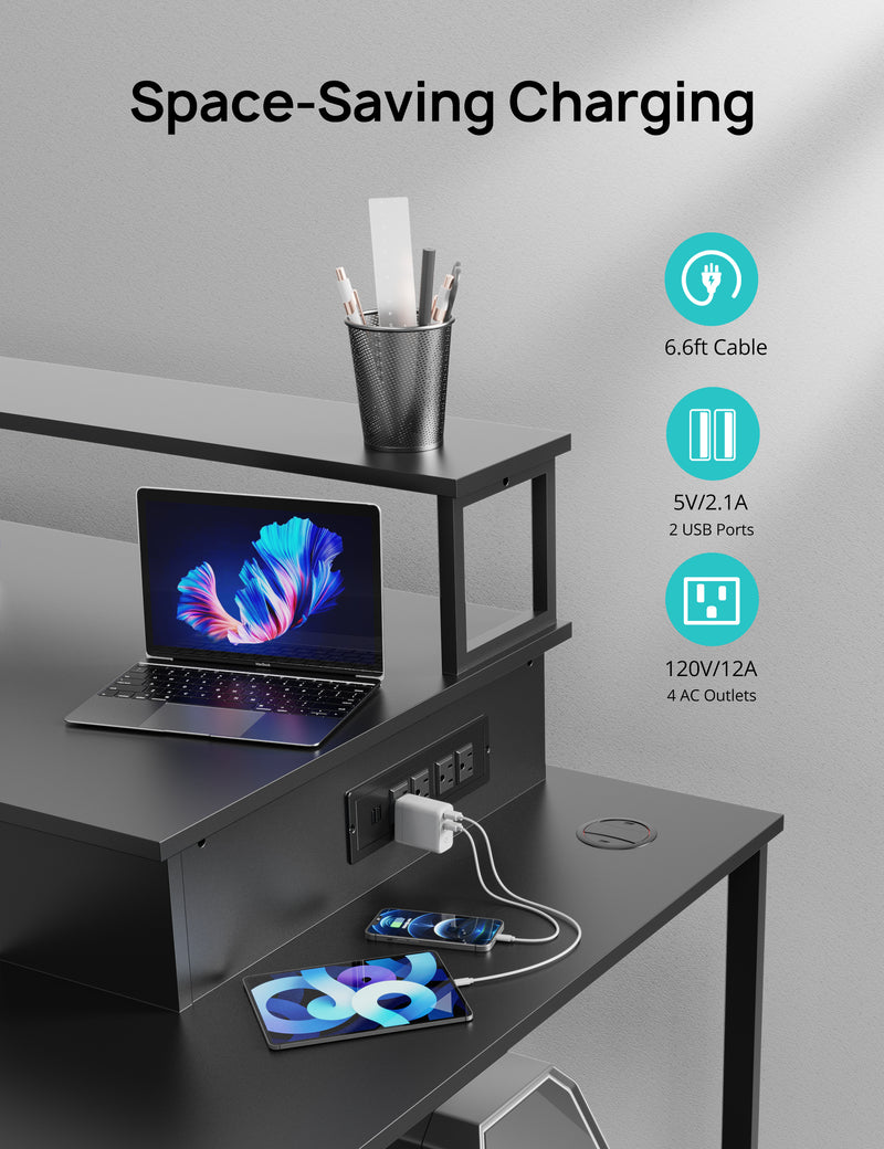 EVAJOY Home Office Computer Desk with File Drawer, LED Strip, Ergonomic L-Shaped Gaming Desk