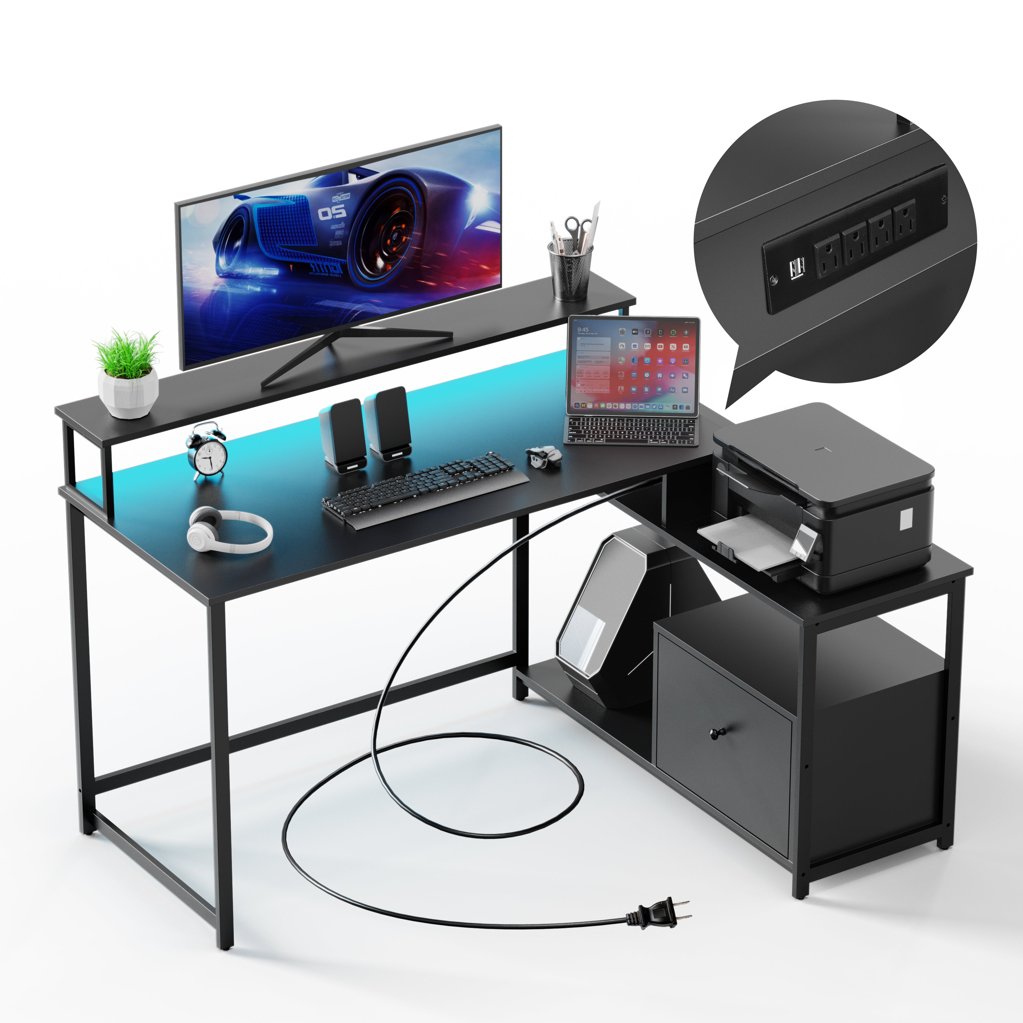 Evajoy HOF003 Home Office Computer Desk with File Drawer, LED Strip, Ergonomic L-Shaped Gaming Desk