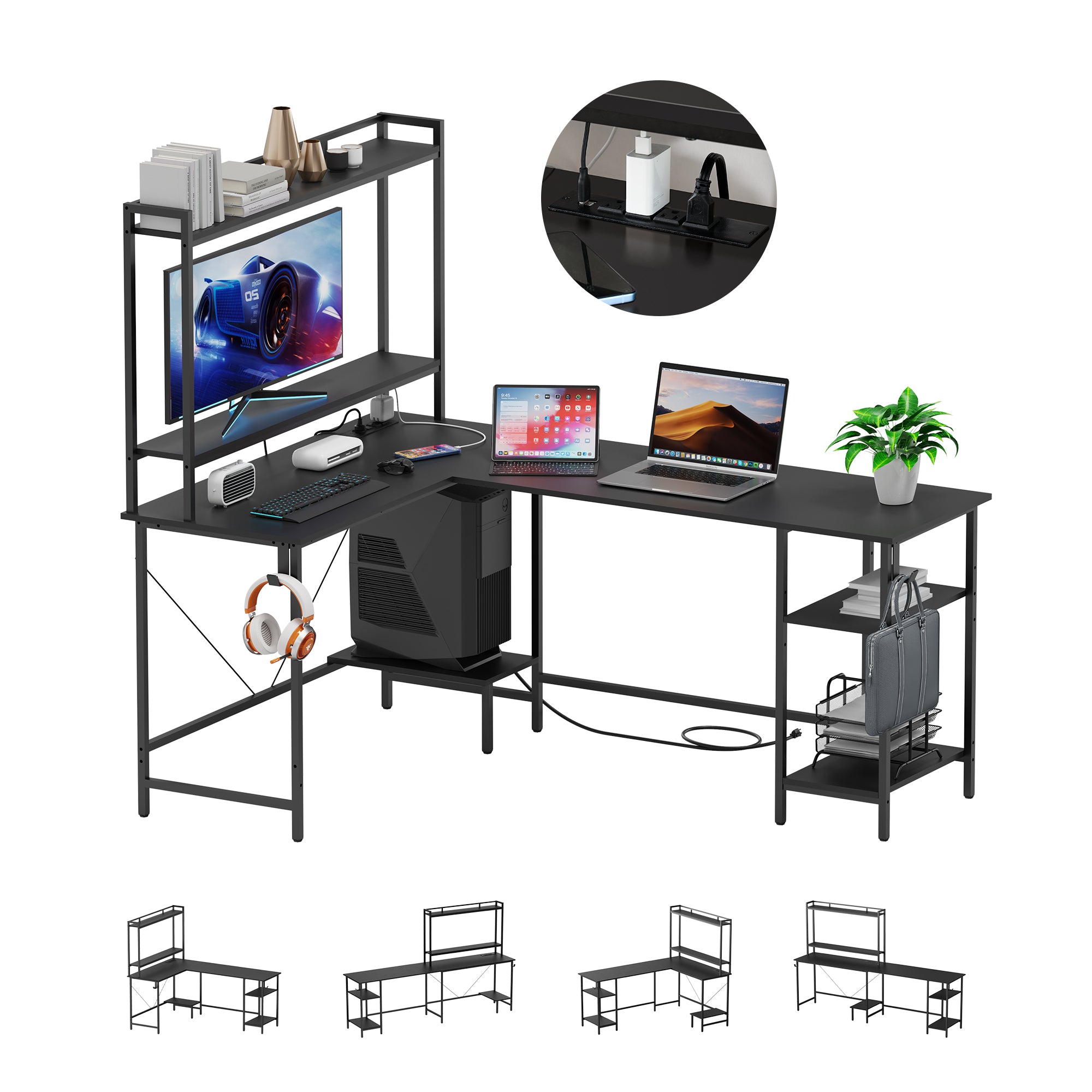 Evajoy HOF004 Home Office Desk, 94.5” Two Person L-Shaped Gaming Desk with AC Outlets and USB Ports