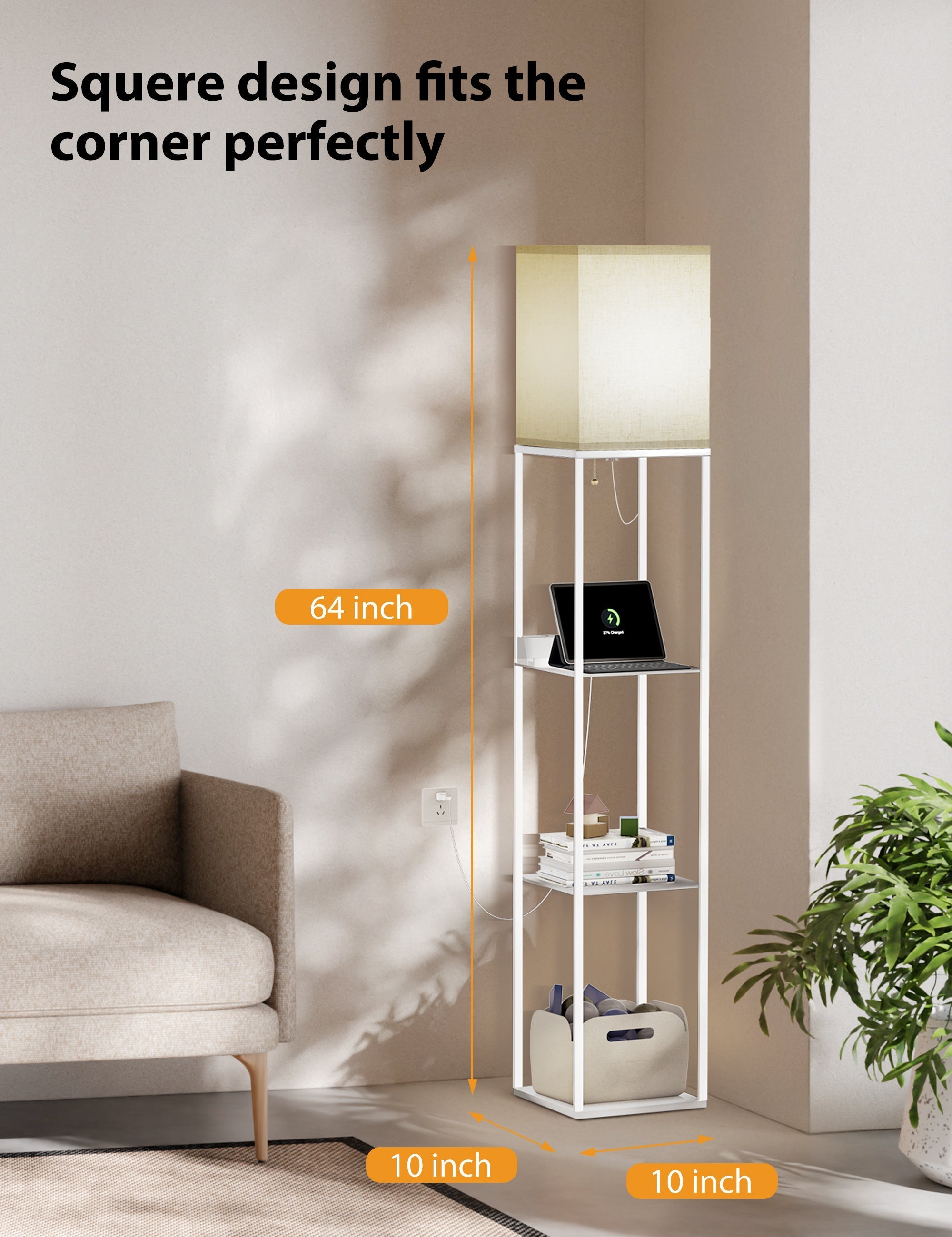 Evajoy Floor Lamp with Shelves, Smart RGB Floor Lamps Work with Alexa, with 2 USB Ports & 1 AC Output, Modern 4-tier Lamp for Display Storage, Floor Lamps for Living Room, Bedroom, Office
