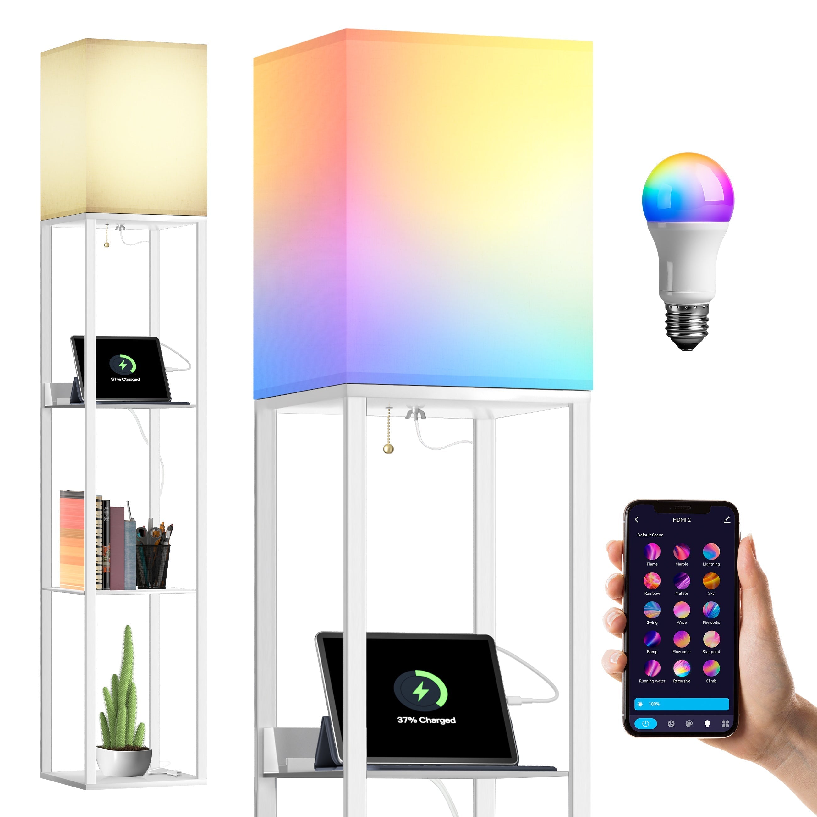 Evajoy Floor Lamp with Shelves, Smart RGB Floor Lamps Work with Alexa, with 2 USB Ports & 1 AC Output, Modern 4-tier Lamp for Display Storage, Floor Lamps for Living Room, Bedroom, Office