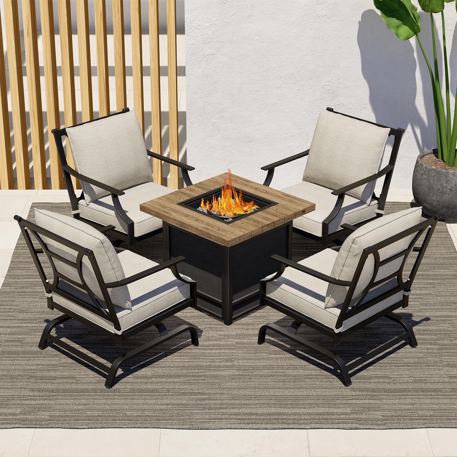 5-Piece Patio Furniture Set with 29-Inch CSA Approved Woodgrain Propane Gas Fire Pit Table Coated Steel Outdoor Rocking Chairs with Gray Olefin Cushions