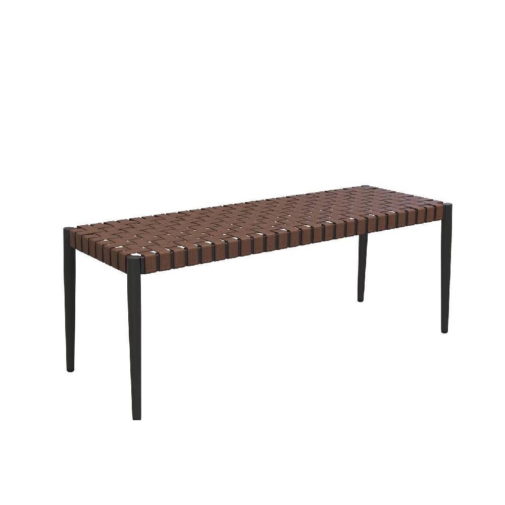 Outdoor/Indoor Bench, Aksel 2-Seat Steel Frame Leather-Look Resin Wicker Bench with Tapered Legs, Scandinavian Style Bench