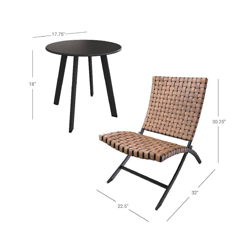 3 Piece Leather Texture Wicker Patio Chairs, Foldable Balcony Furniture Set with Outdoor Lounge Seating and Side Table