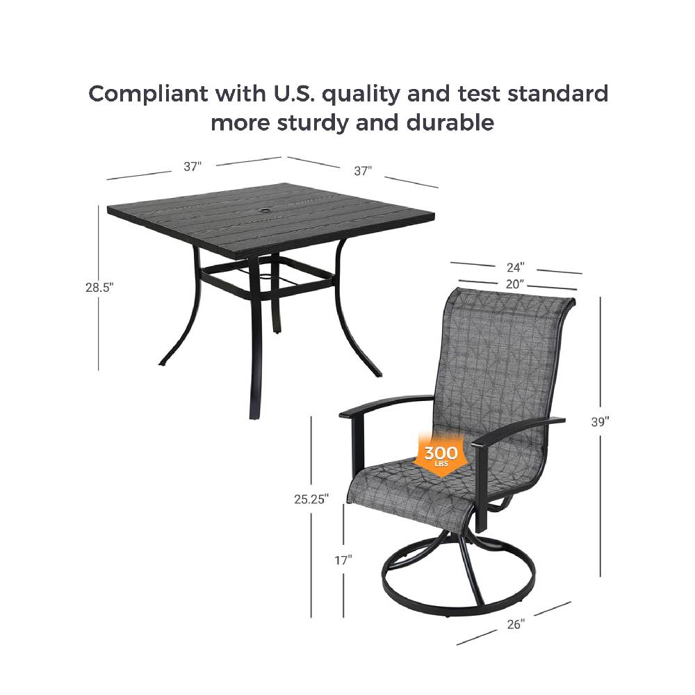 Evajoy Outdoor Dining Set for 4 with 4-Piece Mesh Sling Swivel Rocking Patio Chairs, 1-Piece 42" Round Woodgrain Steel Dining Table with 1.5'' Umbrella Hole