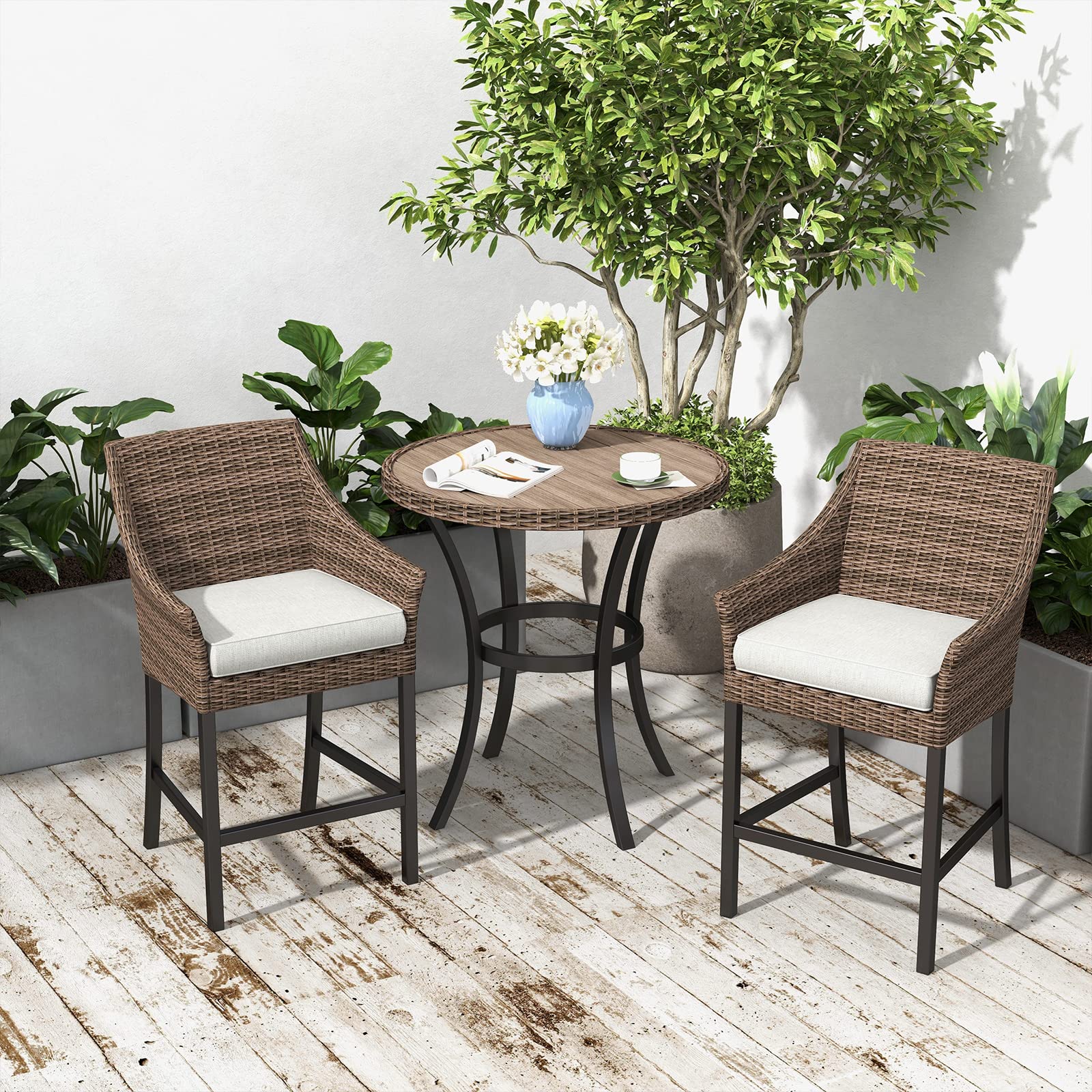 3-Piece Outdoor All-Weather Wicker Bar Stools Set with Olefin Cushions and Faux-Wood Table Top