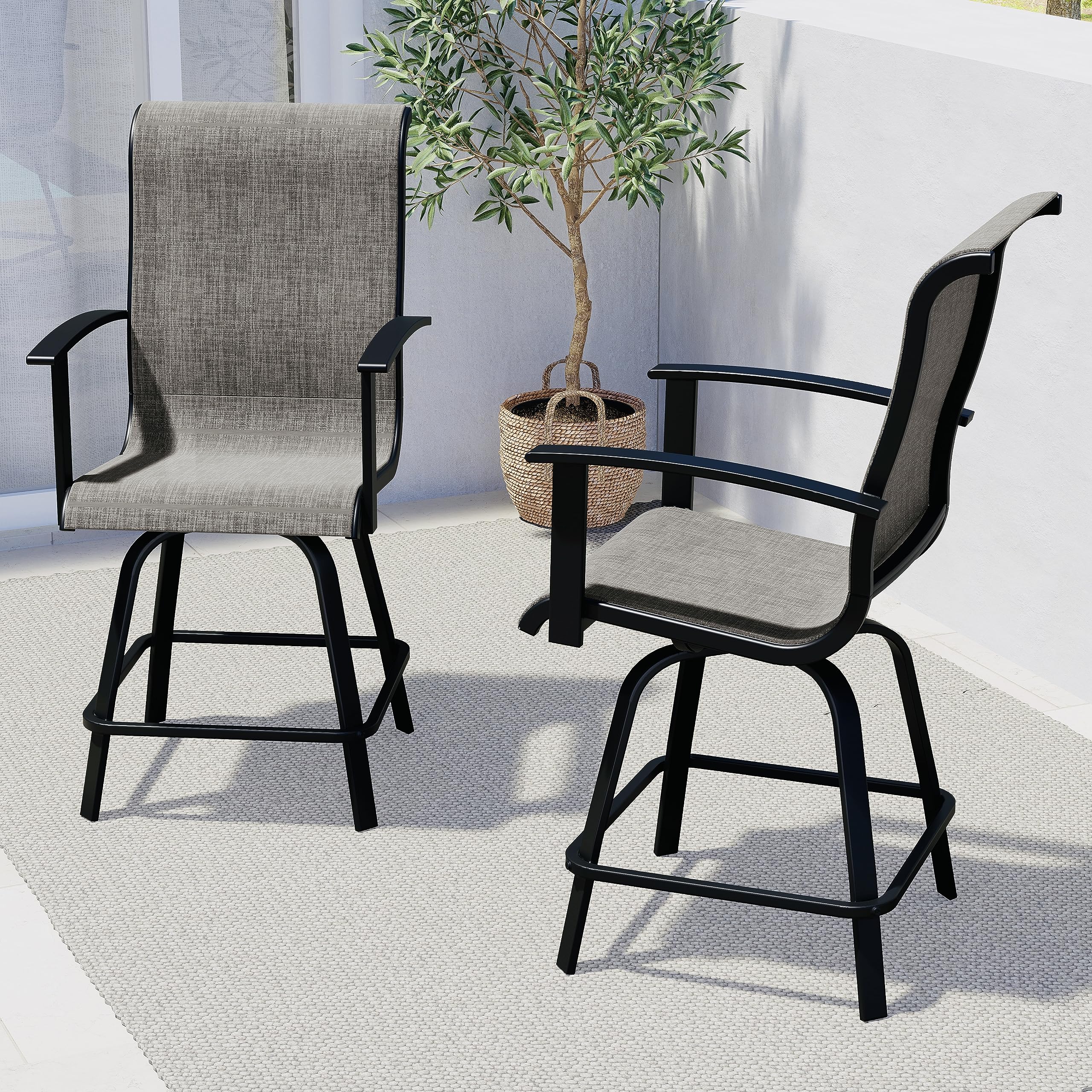 Counter Height Outdoor Swivel Bar Stools, All-Weather Steel Frame Patio Bar Chairs with Arms Backs