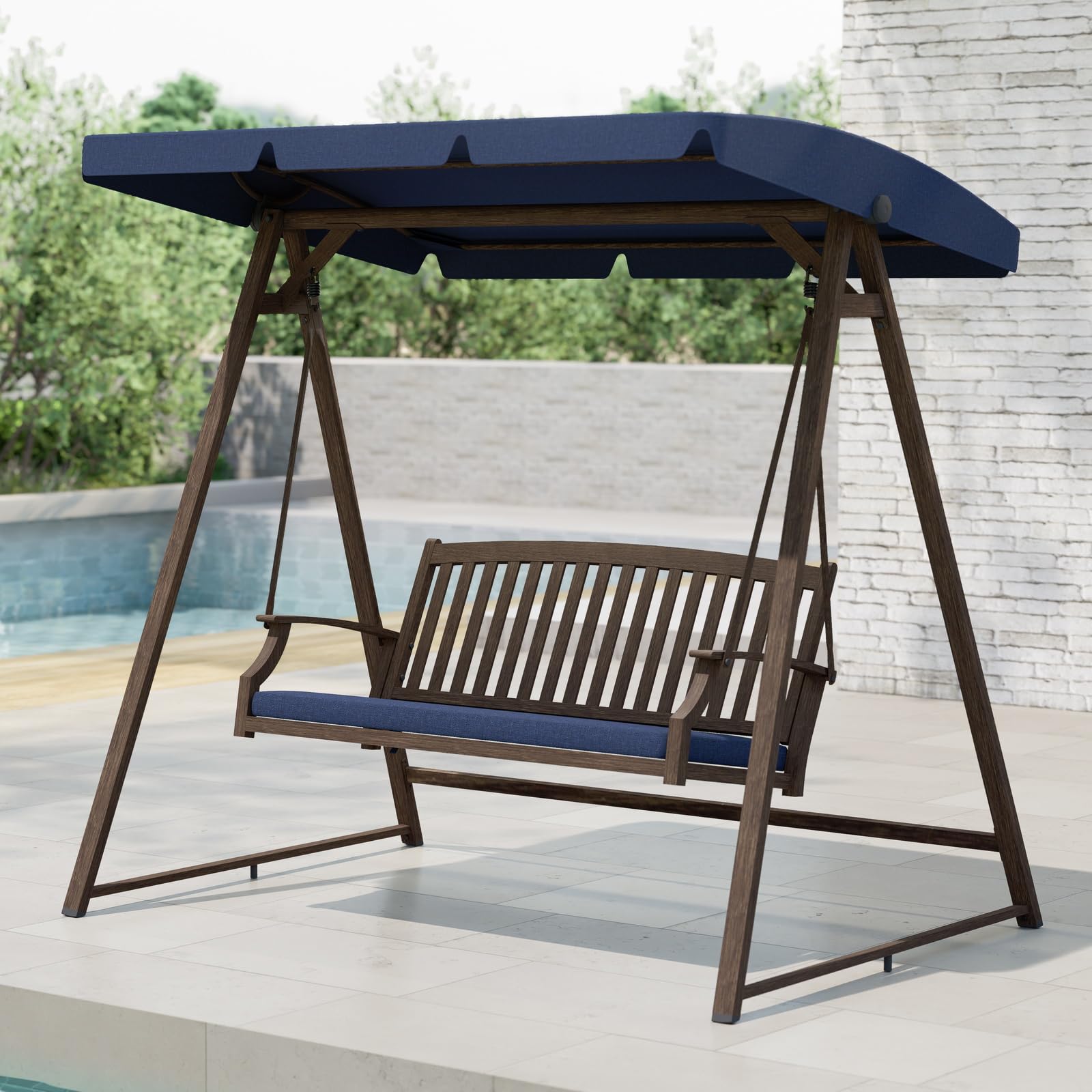 Outdoor 2-Seat Patio Swing Chair, Adjustable Tilt Canopy, with Removable Cushion, Weather Resistant Powder Coated Painted Woodgrain Frame
