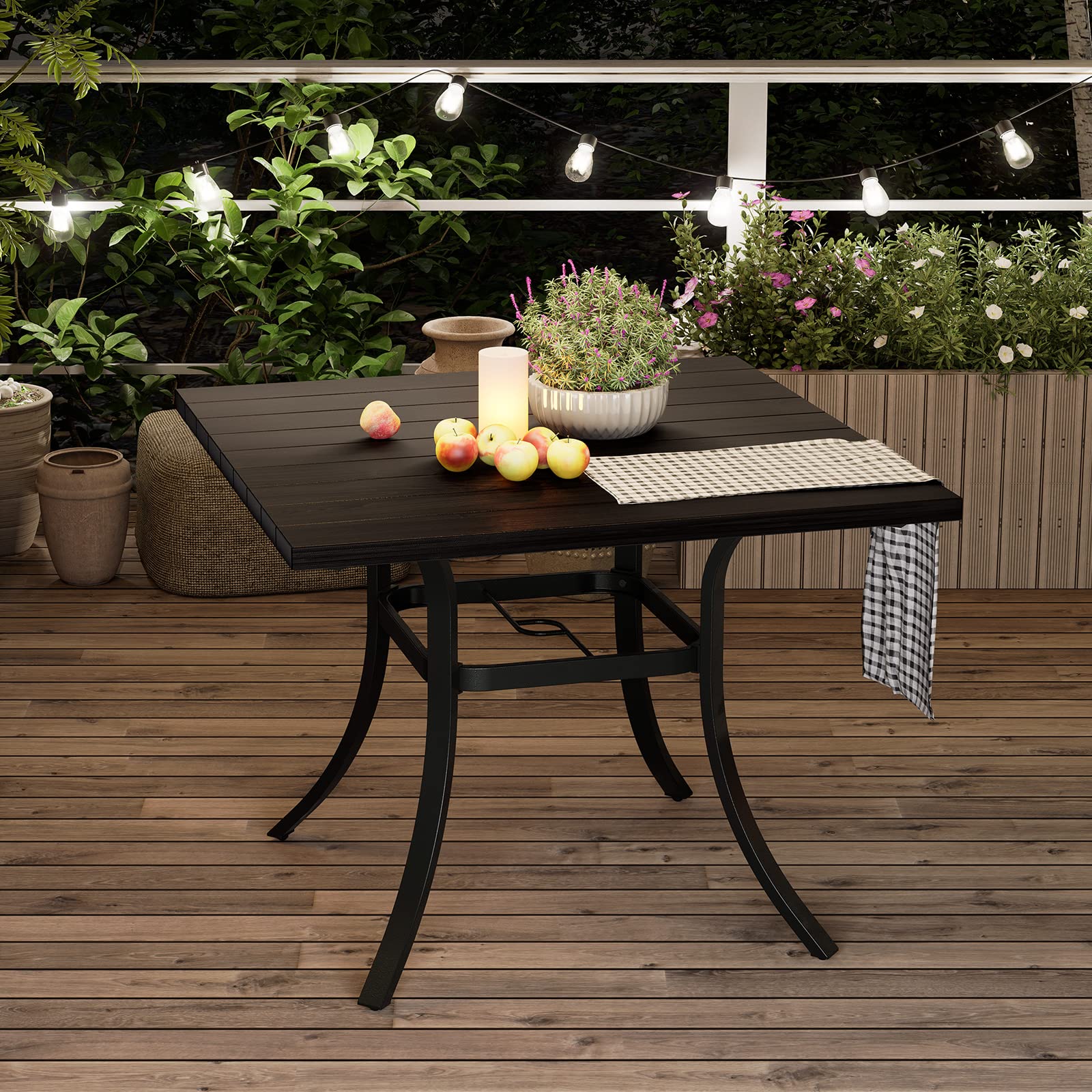 Outdoor 66-Inch Steel Rectangle Dining Table Weather-Resistant Picnic Table Embossed Woodgrain with 1.5”Market Umbrella Hole