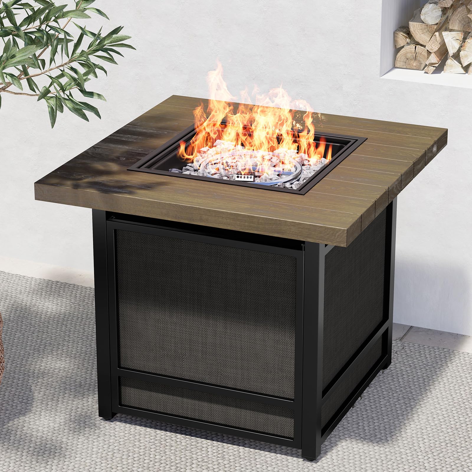 29 Inch Propane fire Pit,Outdoor fire Pit All-Weather Wood Grain Square Stainless Steel smokeless firepit Table with Sling Base