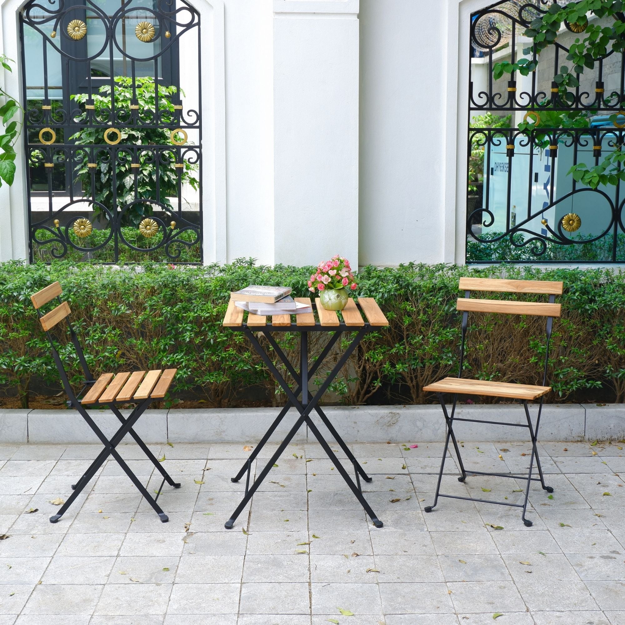 Solid Teak Wood Bistro Set Folding Table and Chair Set Power Coating Frame Patio Set