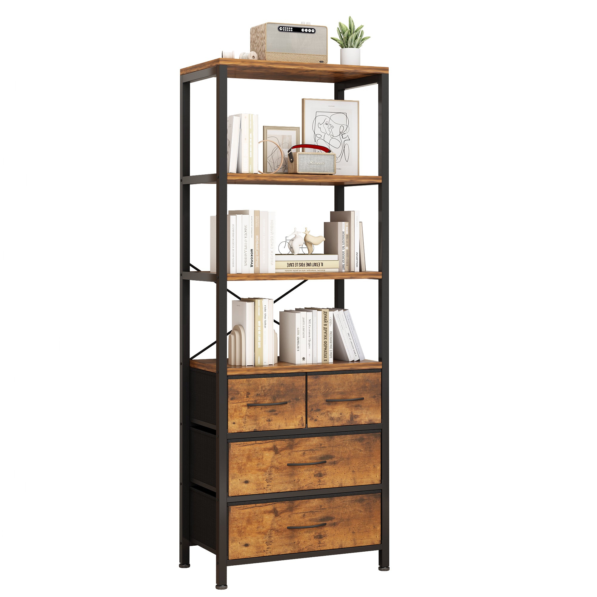 6-Layer Bookshelf with 3 Drawers – 60x35x174cm, Retro Brown
