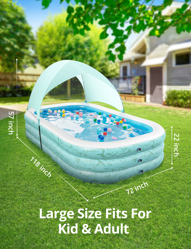 Homech Family Inflatable Swimming Pool, Rectangular Lounging Pool, UV30+ Sun Shelter-TaoTronics