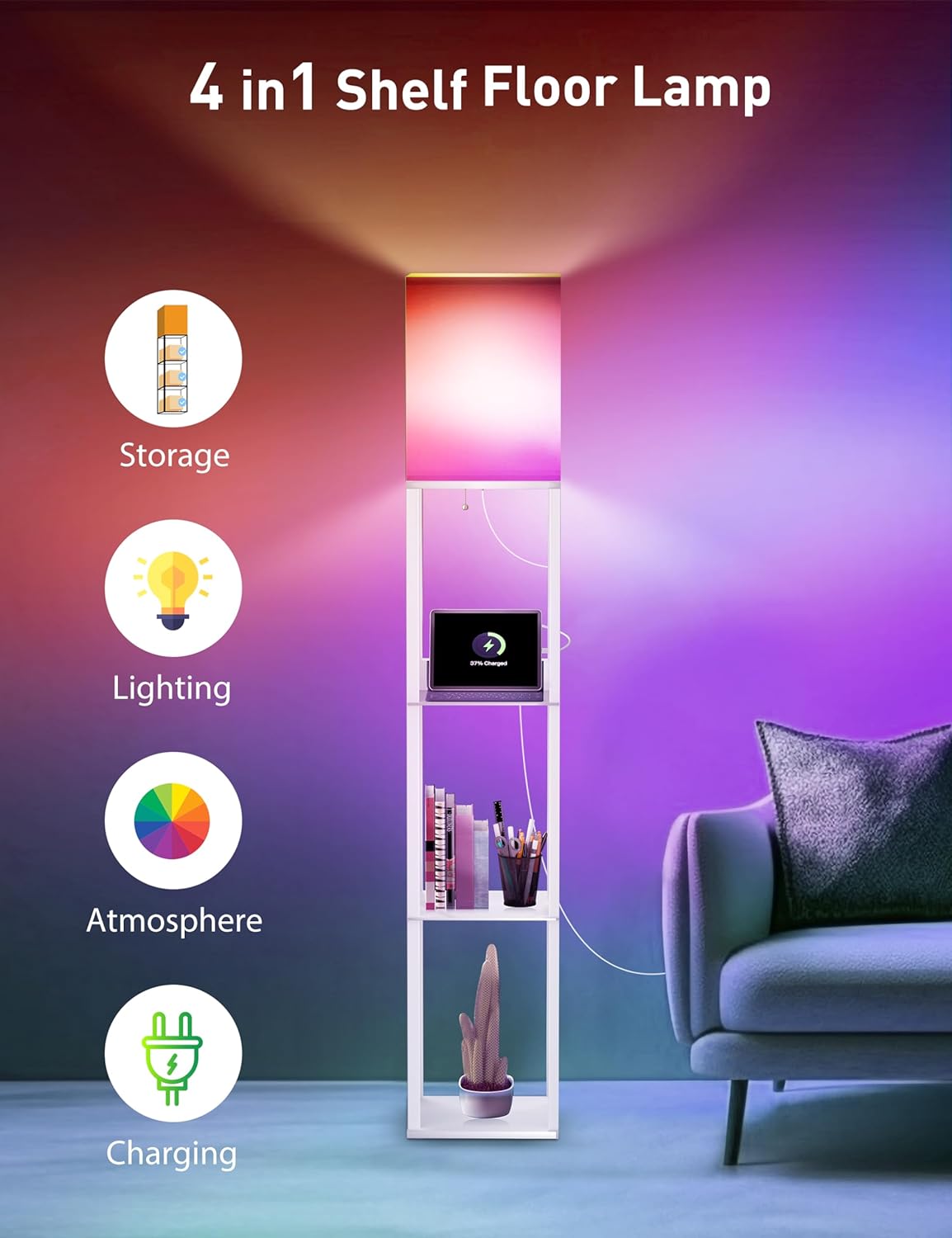 Evajoy Floor Lamp with Shelves, Smart RGB Floor Lamps Work, with 2 USB Ports & 1 AC Output, Modern 4-Tier Lamp for Display Storage
