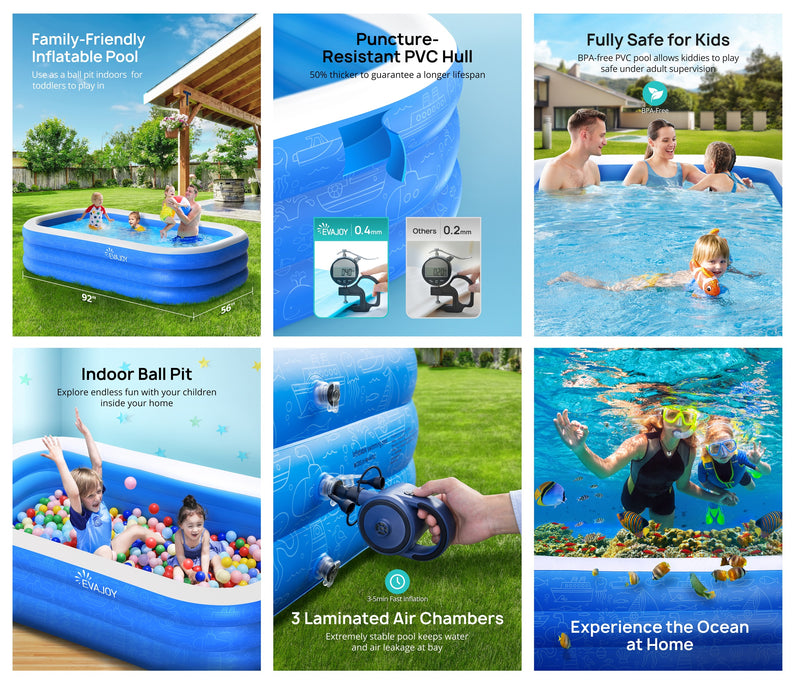 Inflatable Pool, EVAJOY 92''×56''×20'' Inflatable Swimming Pool for Summer Water Party