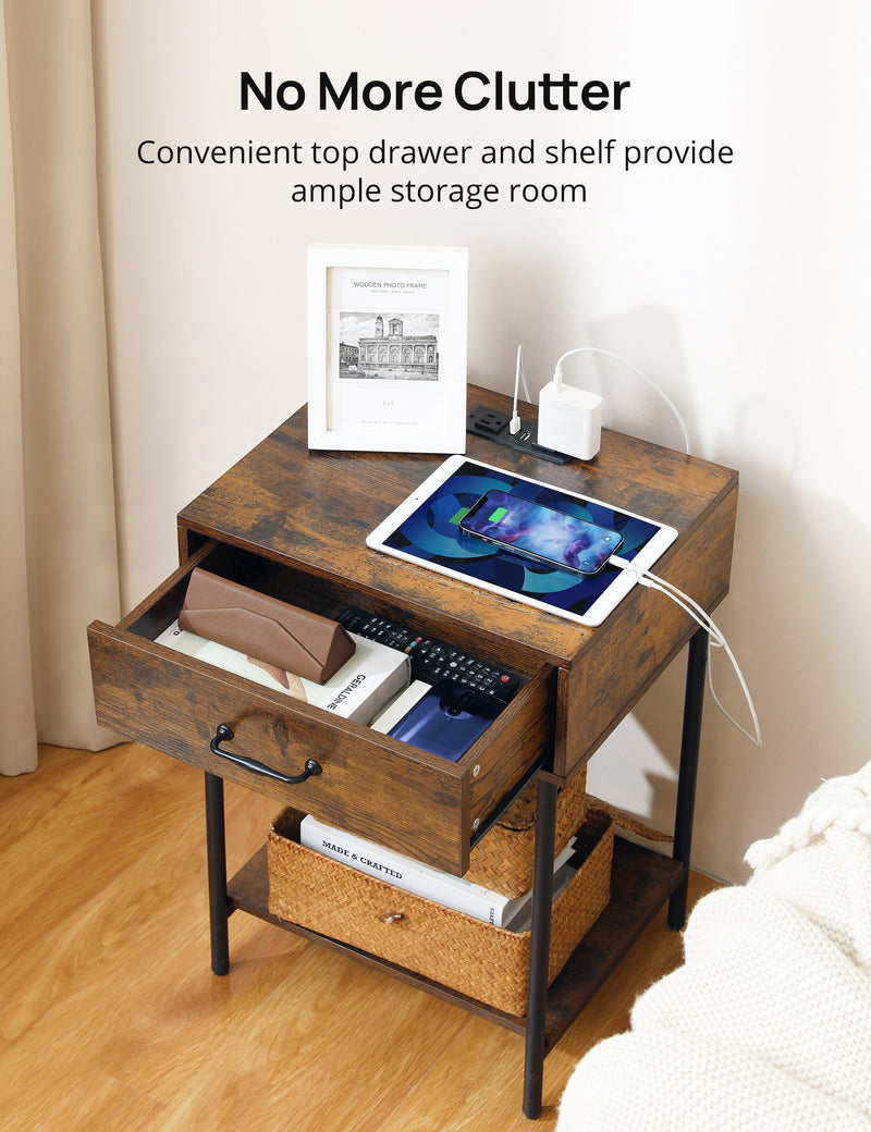 EVAJOY Nightstand with Charging Station, Rustic Wooden Side Table