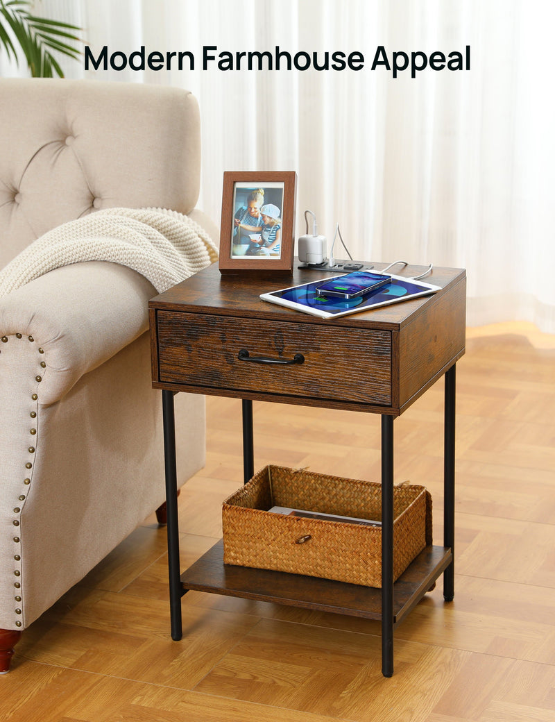 EVAJOY Nightstand with Charging Station, Rustic Wooden Side Table