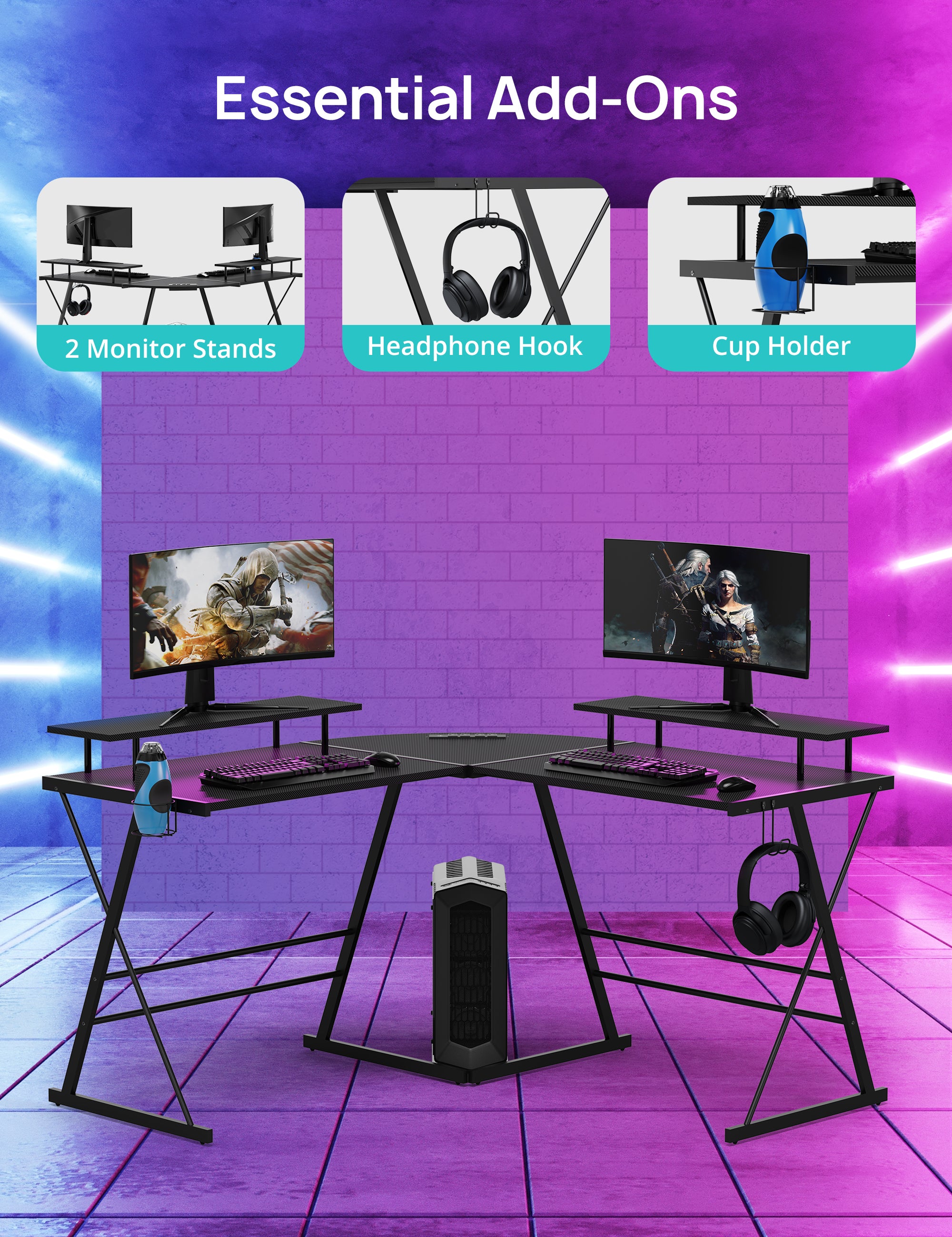 Evajoy HOF002 53" L Shaped Computer Corner Table with Monitor Stands, LED Strips