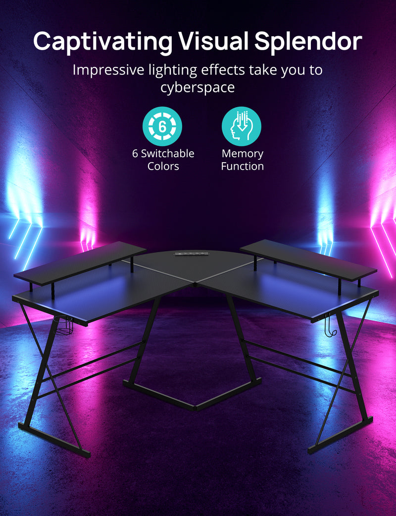 Gaming Desk, EVAJOY 53" L Shaped Computer Corner Table with Monitor Stands, LED Strips, Power Outlets, Cup Holder, Headphone Hook