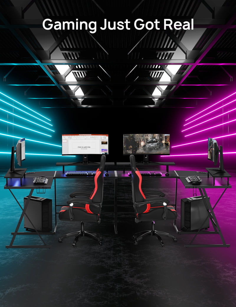 Gaming Desk, EVAJOY 53" L Shaped Computer Corner Table with Monitor Stands, LED Strips, Power Outlets, Cup Holder, Headphone Hook