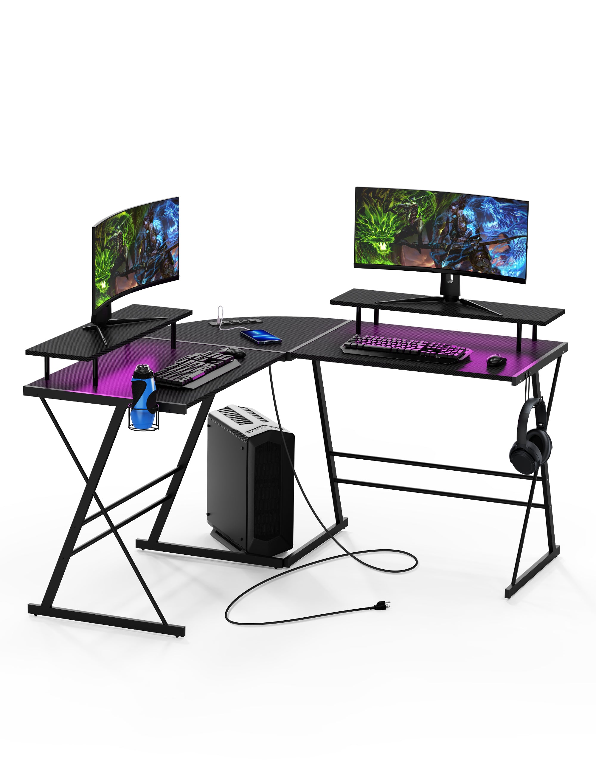 Evajoy HOF002 53" L Shaped Computer Corner Table with Monitor Stands, LED Strips