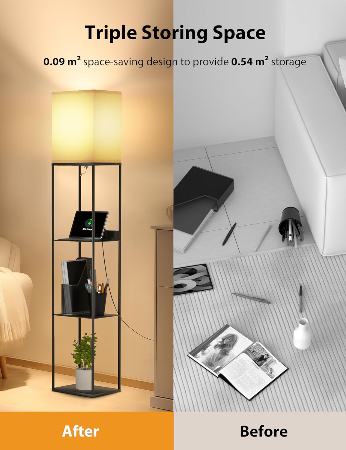 Evajoy Floor Lamp with Shelves, Smart RGB Floor Lamps Work, with 2 USB Ports & 1 AC Output, Modern 4-Tier Lamp for Display Storage