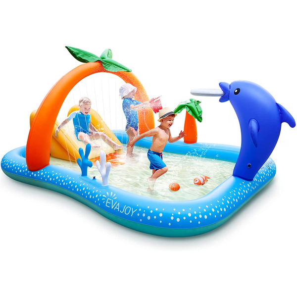 Kiddie Pool, Evajoy Inflatable Play Center Kiddie Pool with Slide, Wading Lounge Kids Pool, 95''x75''x40''